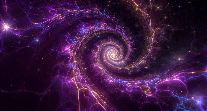 Dynamic Galactic Swirl: Glowing Purple-Gold Energy Lines in a Starry Abstract Cosmos - Powered by Adobe