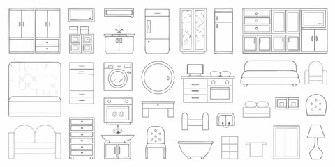 Collection of outline drawings of various household furniture and appliances on a white background