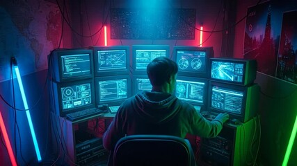 Hacker in Retro Surveillance Room - A hacker sits before multiple CRT monitors displaying various data streams in a dimly lit room with neon lighting and a world map on the wall. - Powered by Adobe