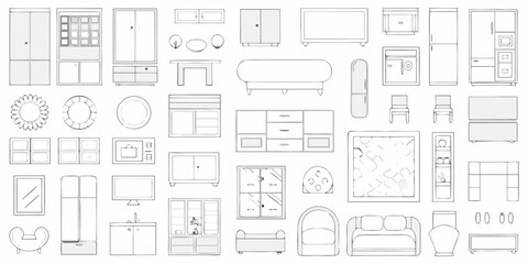 Collection of hand drawn furniture and home decor items in a minimalist sketch style