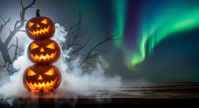 Spooky Halloween scene with carved pumpkins, eerie trees, and Northern Lights display in the night sky - Powered by Adobe