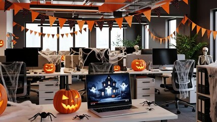 Festive Halloween Office Decor - A modern office space is decorated for Halloween with pumpkins, skeletons, spiderwebs, and Halloween-themed bunting. A laptop displays a spooky Halloween video.