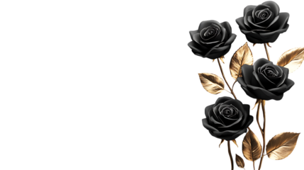 Elegant black roses with gold leaves floral design for luxurious backgrounds and creative presentations  | png cutout isolated on transparent backddrop