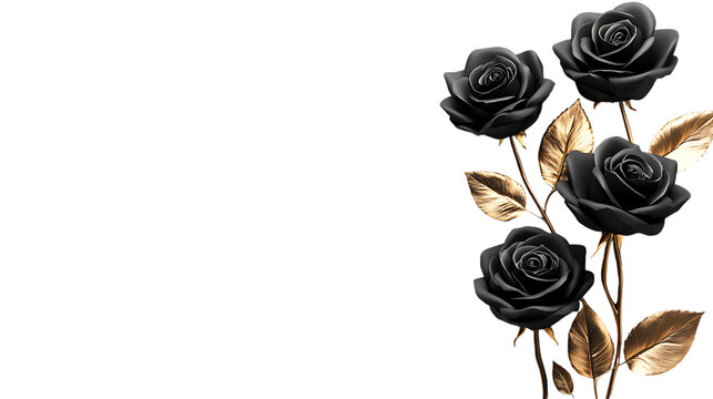 Elegant black roses with gold leaves floral design for luxurious backgrounds and creative presentations  | png cutout isolated on transparent backddrop