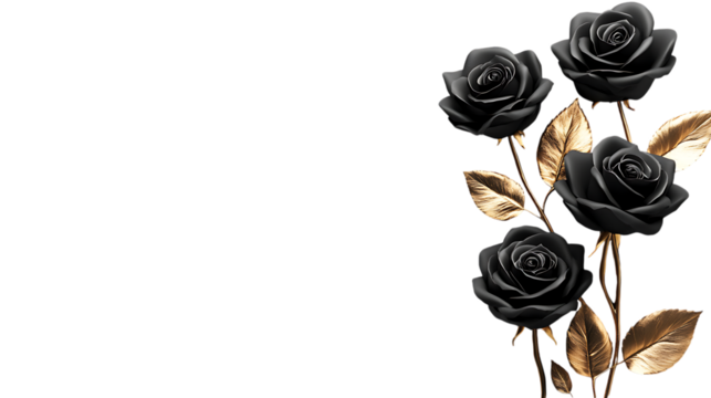Elegant black roses with gold leaves floral design for luxurious backgrounds and creative presentations  | png cutout isolated on transparent backddrop
