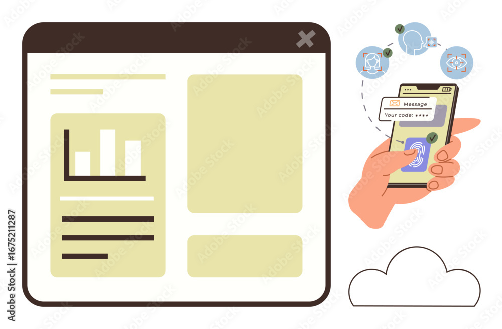 Poster hand enters code from phone for two-factor authentication, secure login via verification system. ide