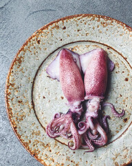 Raw pink squid displayed neatly on ceramic plate.
