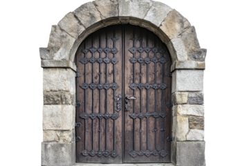 Robust stone gate with sturdy iron reinforcements highlights medieval architecture and craftsmanship