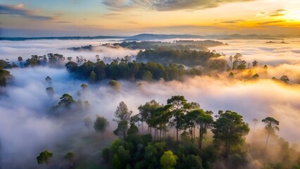 Obraz premium Aerial View of Forest Emerging from Fog at Sunrise with Vibrant Clouds