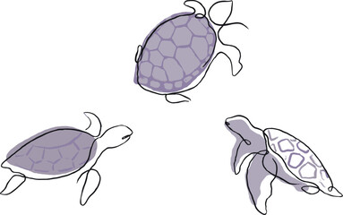 Turle set one line art illustration