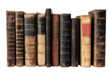 Collection of vintage books standing in a row on a transparent background showcasing various textures and colors