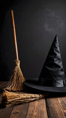 A witch's hat and broomstick rest on a rustic wooden surface against a dark background, hinting at Halloween magic.