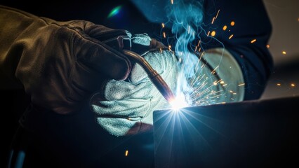 Close-up of a welder in a protective glove using a MIG torch, creating bright sparks.