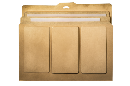 Manila file folder with three cut-out tabs displaying a classic design for organizing documents and papers in an office setting