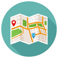 Folded Map with Location Markers on Teal Background Illustration Vector