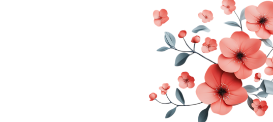 Floral art design with coral flowers and leaves on black background for digital projects and decorations  | png cutout isolated on transparent backddrop