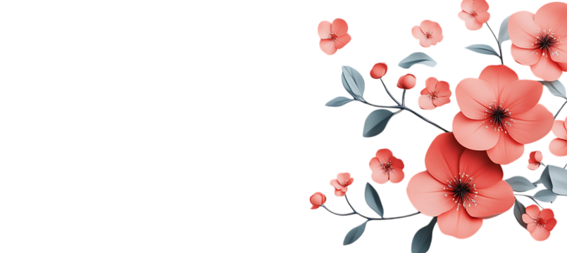 Floral art design with coral flowers and leaves on black background for digital projects and decorations  | png cutout isolated on transparent backddrop