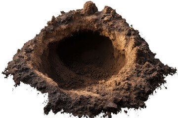 Deep earth hole shows natural excavation in isolated setting, revealing layers of soil and earth materials in a gigapixel resolution