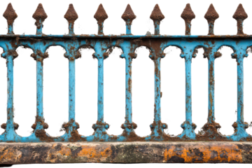 Rusty blue bar fence showcasing aged texture and color in a vibrant contrast against a transparent background suitable for design use