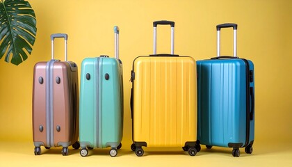 Four colorful suitcases with extended handles stand against a yellow backdrop, accented by a green monstera leaf
