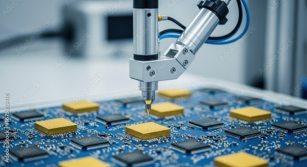 Poster Precision robot arm works on a blue circuit board