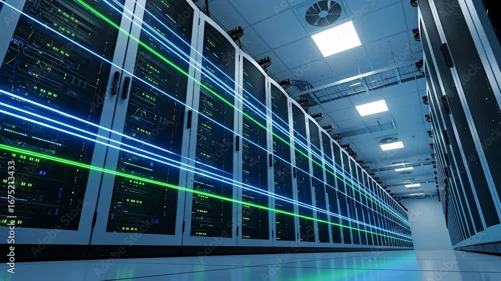Poster high-speed data flow in modern data center - low-angle view of a data center server room with rows o