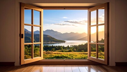 Fototapeta premium Scenic mountain lake view from open window