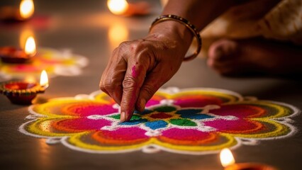 Close up of a woman's hand making a vibrant, colorful rangoli for the Diwali festival.