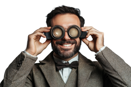 Happy engineer man smiling with goggles in a studio setting, showcasing enthusiasm for innovation and creativity during bright lighting conditions
