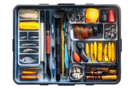 Fishing tackle box filled with various equipment and accessories showcasing an organized setup for anglers targeting fresh and saltwater species