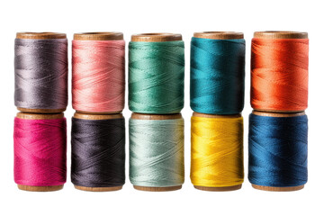 Colorful spools of thread arranged neatly in two rows showcasing a variety of shades suitable for creative sewing projects