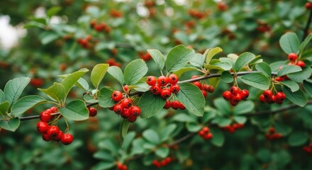 Obraz premium Red berries cluster on a branch against green foliage