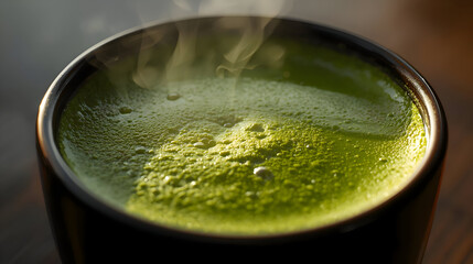 Vibrant green matcha tea brings soothing comfort. Delicate steam ascends from creamy, foamy surface, inviting moment of tranquil relaxation