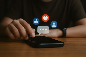 Hand interacting with smartphone displaying social media icons likes hearts comments and profile