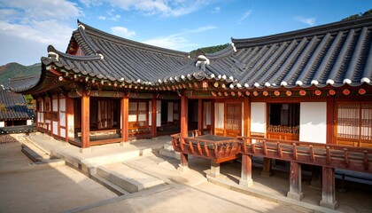 Naklejka premium Traditional Korean Palace with Architecture, Exterior, Autumn, and Blue Sky.