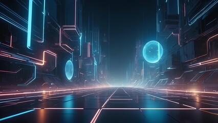 Perspective view of a futuristic digital corridor illuminated by vibrant neon circuit lines and floating data spheres