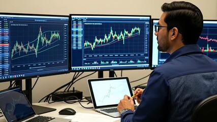 Indian Trader Analyzing Financial Market Data - A young Indian male trader is intently reviewing financial market data displayed across multiple computer screens and a laptop. - Powered by Adobe