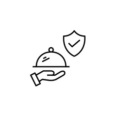 Food cloche in hand, shield and checkmark. Verified product safety, certified contents, trusted restaurant service, approved ingredients. Pixel perfect, editable stroke vector icon