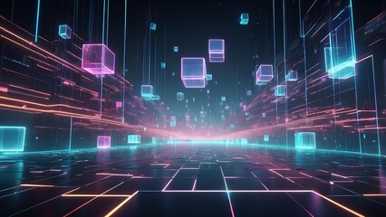 Futuristic digital tunnel of glowing neon cubes representing the flow of data and information in cyberspace