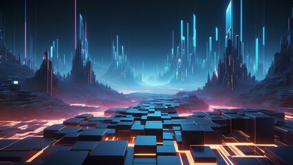 Conceptual visualization of a cybernetic frontier with a glowing geometric landscape and towering data spires