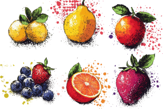 Colorful fruit halftone illustration with oranges, lemons, strawberries, and blueberries in a grunge style design
