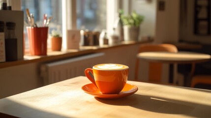 Obraz premium A warm cup of coffee rests on a wooden table. Sunlight filters through the window, creating a cozy atmosphere. Perfect for a quiet moment. Generative AI