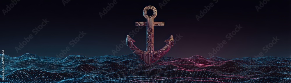 Poster a futuristic ai design featuring a holographic anchor illuminated by glowing data circuits, ideal fo