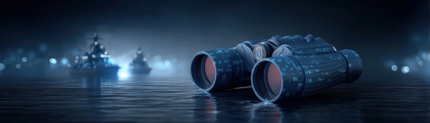 Fototapeta premium A futuristic image of AI holographic binoculars projecting a glowing sea, showcasing advanced technology and imaginative design, Navy Birthday with AI