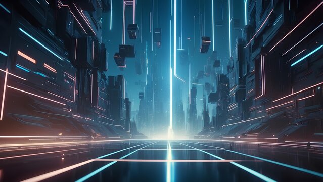 Futuristic digital cityscape with glowing neon lights and abstract data streams in a virtual reality environment