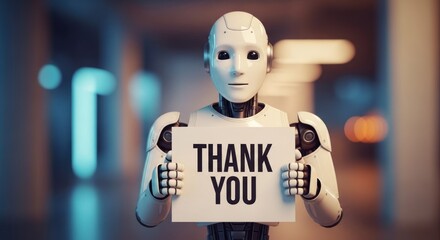 Robot holds "Thank You" sign in blurred, modern hallway, looking forward