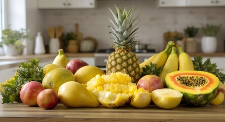 Vibrant Assortment of Fresh Tropical and Orchard Fruits Artfully Arranged on a Wooden Surface