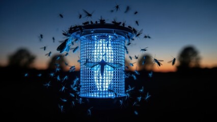 Insects swarming around a glowing blue bug zapper at night.