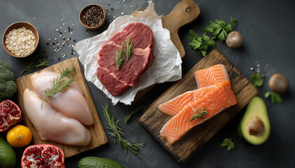 raw steak, chicken, and salmon, surrounded by fresh avocado, pomegranates, and cherry tomatoes.