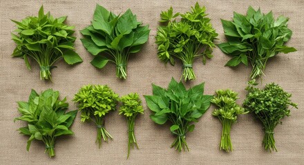 Obraz premium A vibrant and healthy collection of freshly gathered green herbs and organic leafy greens, artfully arranged to celebrate nature's bounty and culinary uses